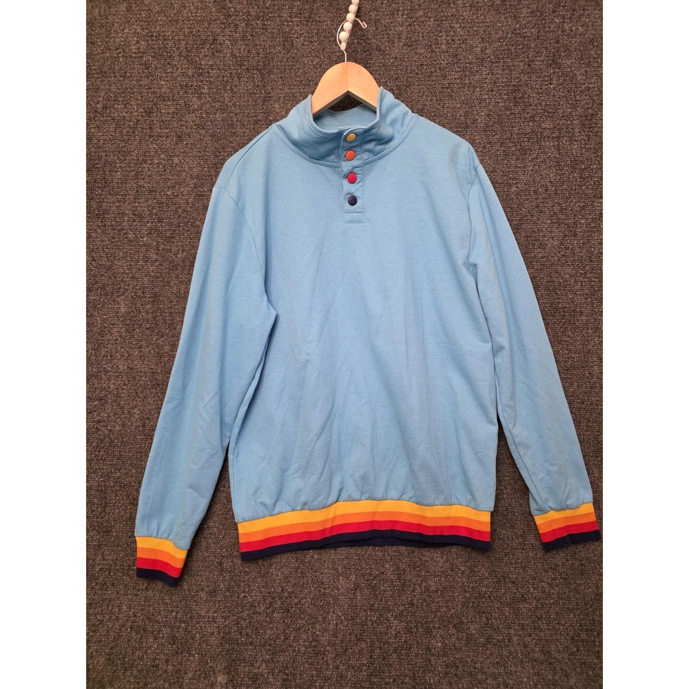 ALDI Sweatshirt Mens Medium Blue Henley Snap Mock‎ Neck Fleece Stripe Logo
